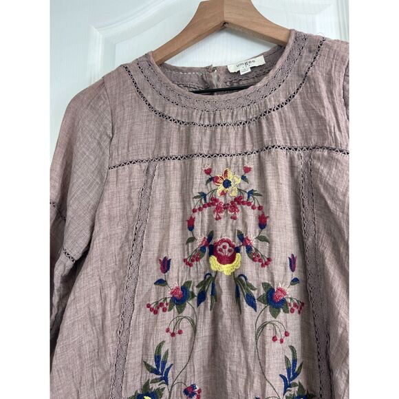 Umgee Women's Boho Floral Embroidered Long Sleeve Mini Dress Taupe Size S - Picture 2 of 12